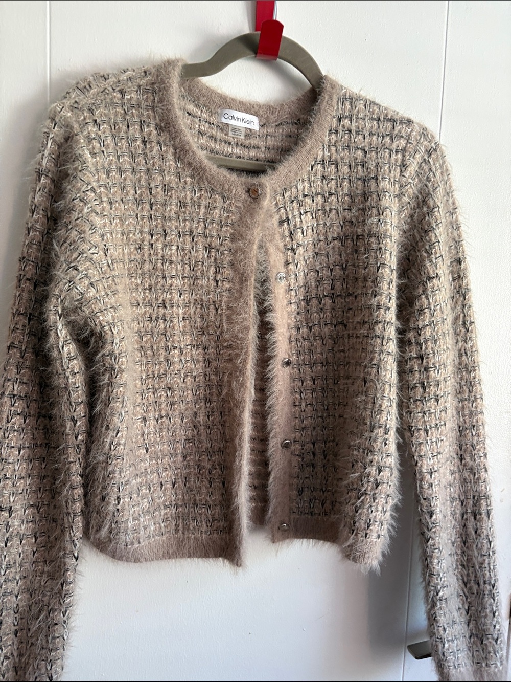 Calvin Klein Women's Taupe Beige Fuzzy (wispy-like) Knit Button-Front Cardigan